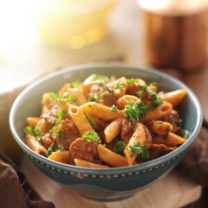 bowl of rigatoni pasta with sausage