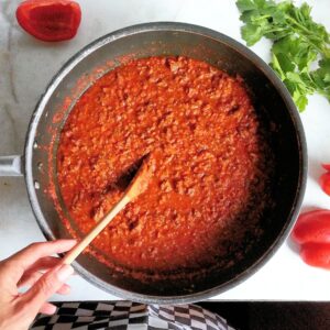 overhead view of cooking pan with homemade tomato sauce